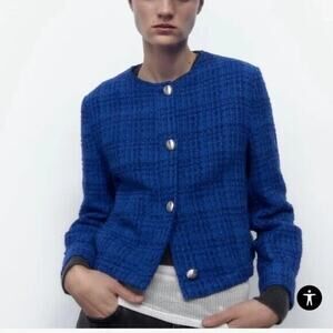New ZARA Women's Tweed Blue and Black Jacket / Blazer with Metal Buttons Size M